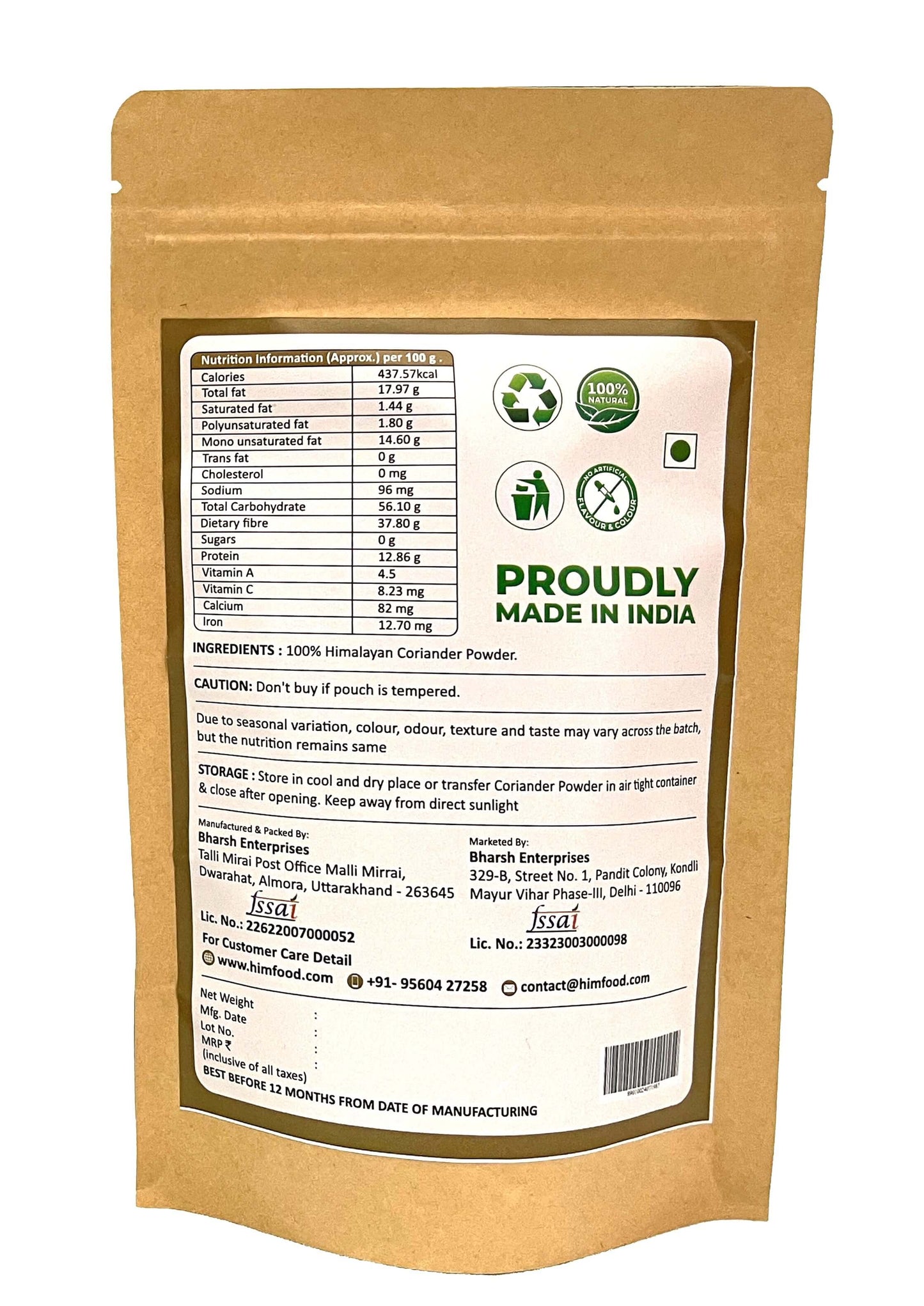 Himalayan Coriander Powder packaging featuring nutritional information and proudly made in India label.