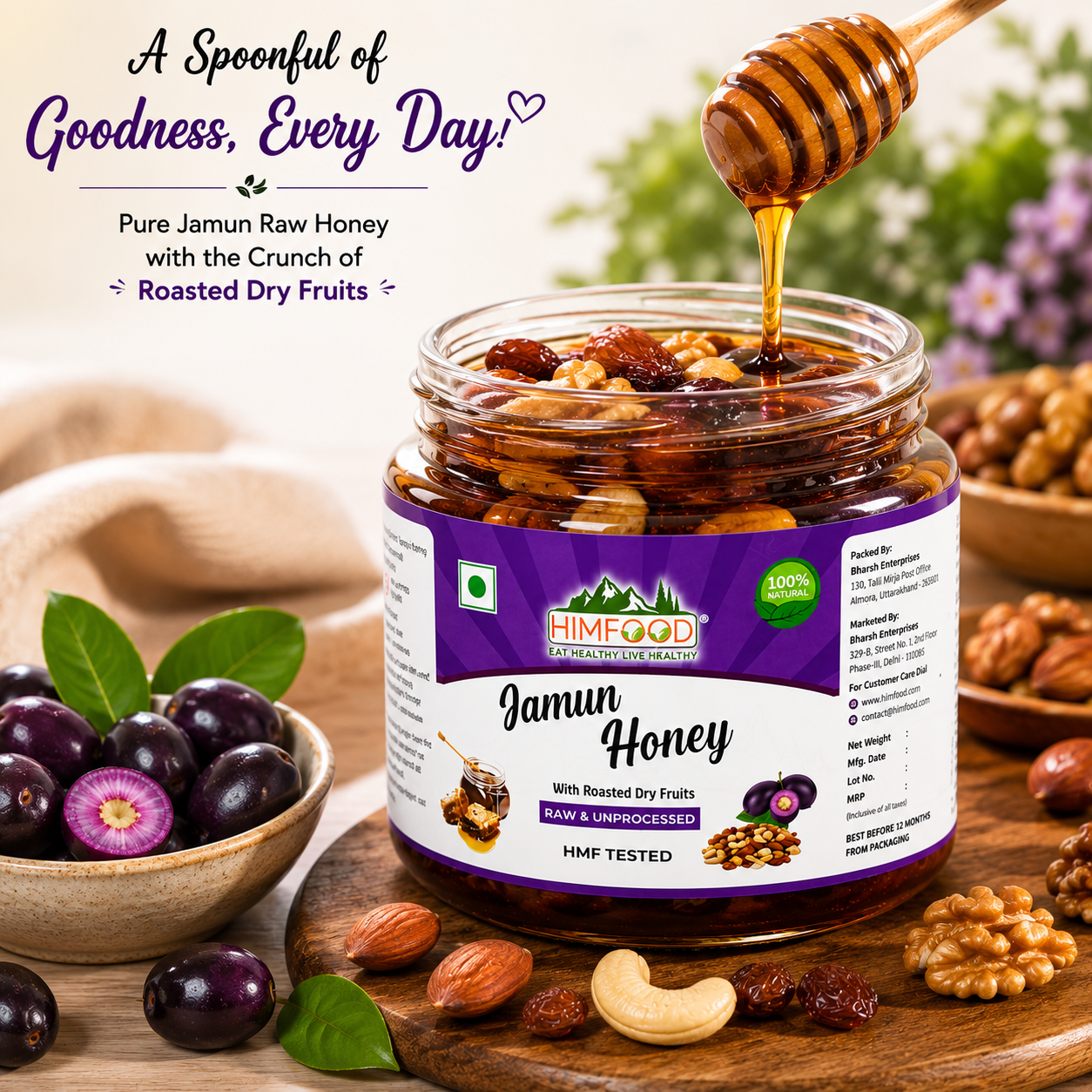 HIMFOOD Jamun Raw Honey with Roasted Dry Fruits Lifestyle Image – Premium Himalayan Raw Honey with Almonds, Cashews, Walnut Kernels and Raisins, Natural Healthy Breakfast Superfood from Uttarakhand