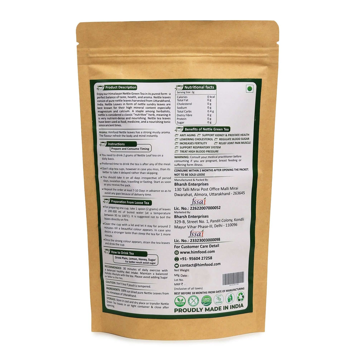 Himalayan Nettle Leaf Green Tea – 50g packaging back with nutritional facts and product description.