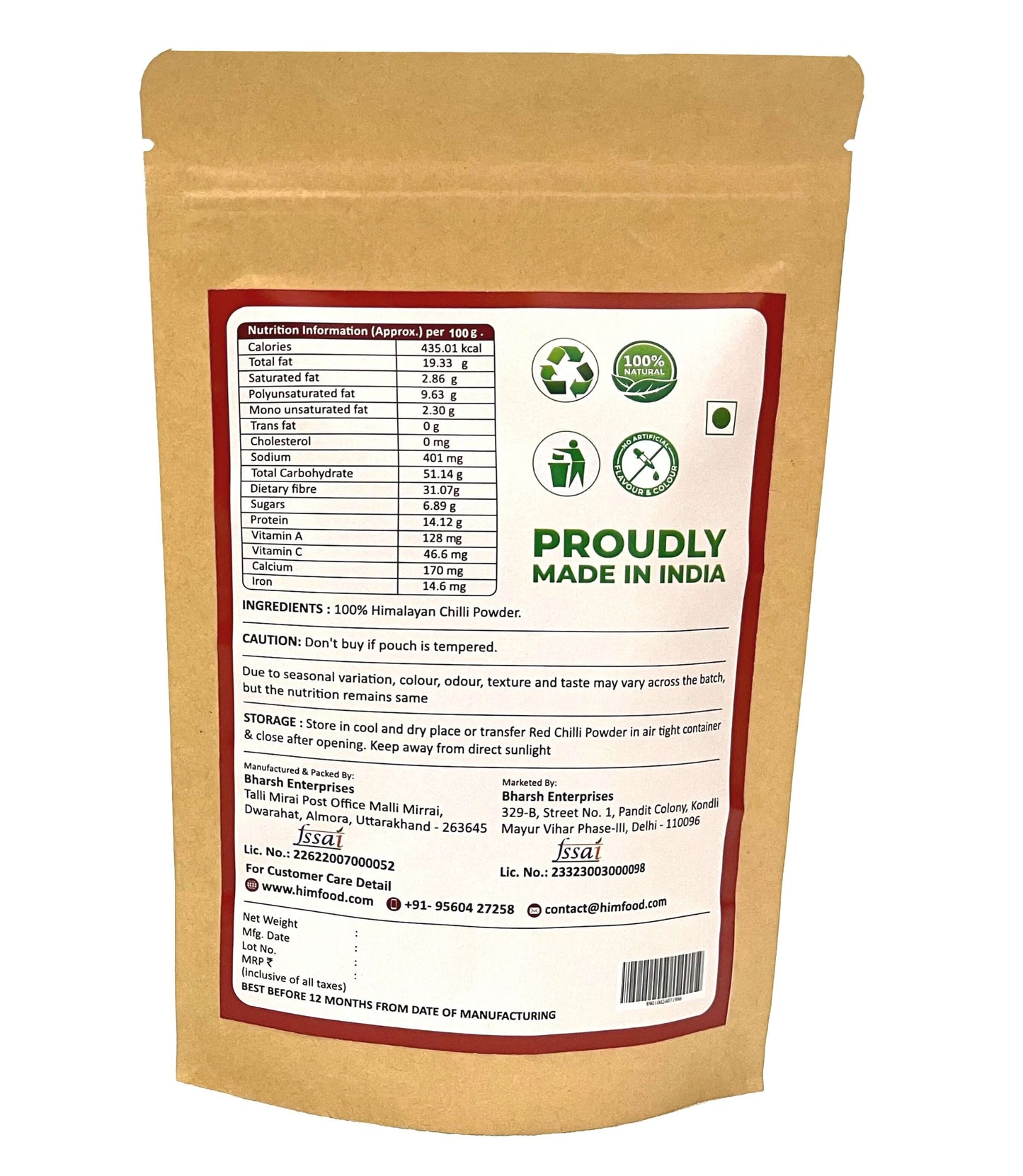 Himalayan Red Chilli Powder (300g) packaging with ingredient details, proudly made in India.