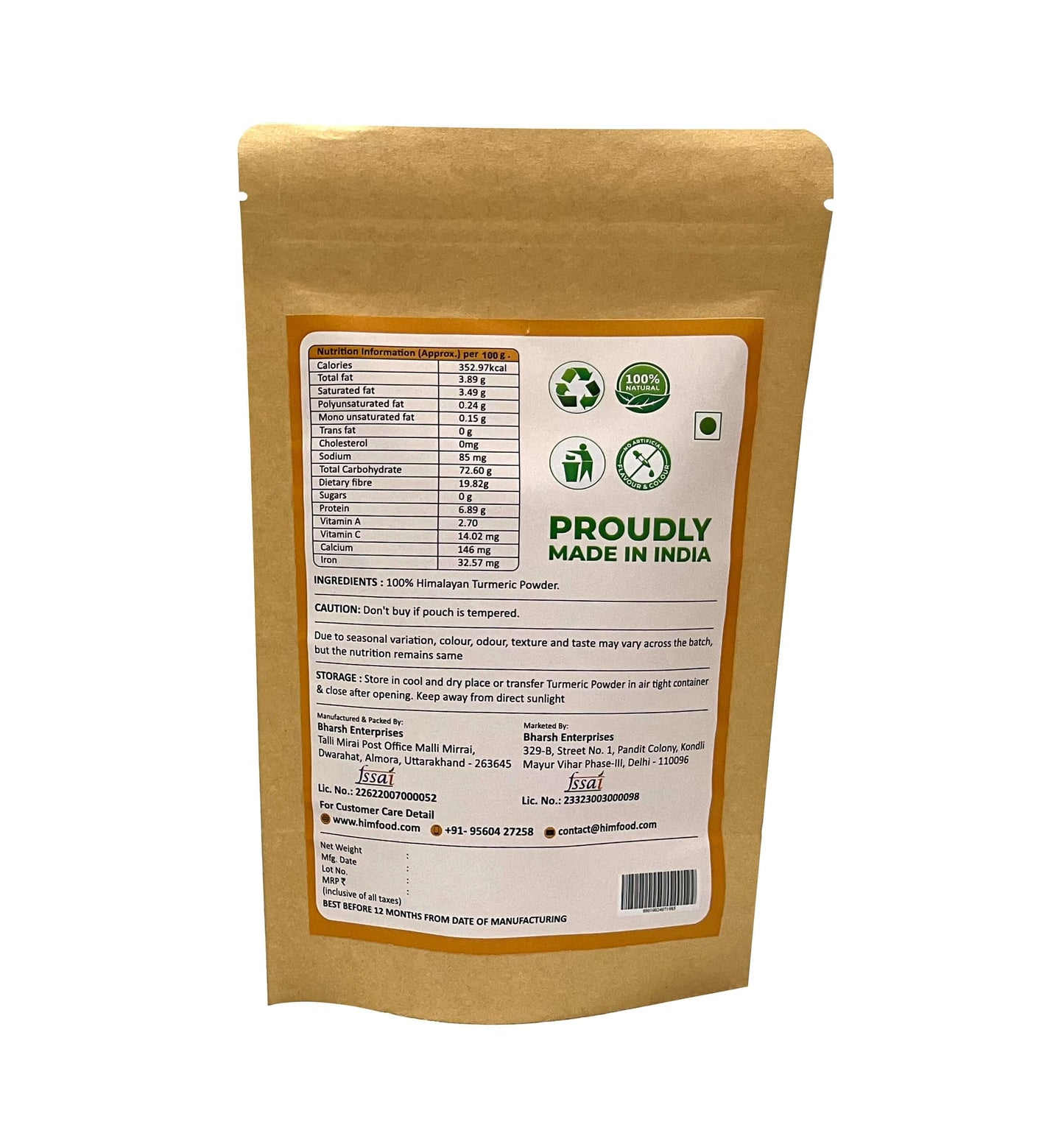 Himalayan High Curcumin Turmeric Powder 300g packaging back view with ingredient details and usage instructions.