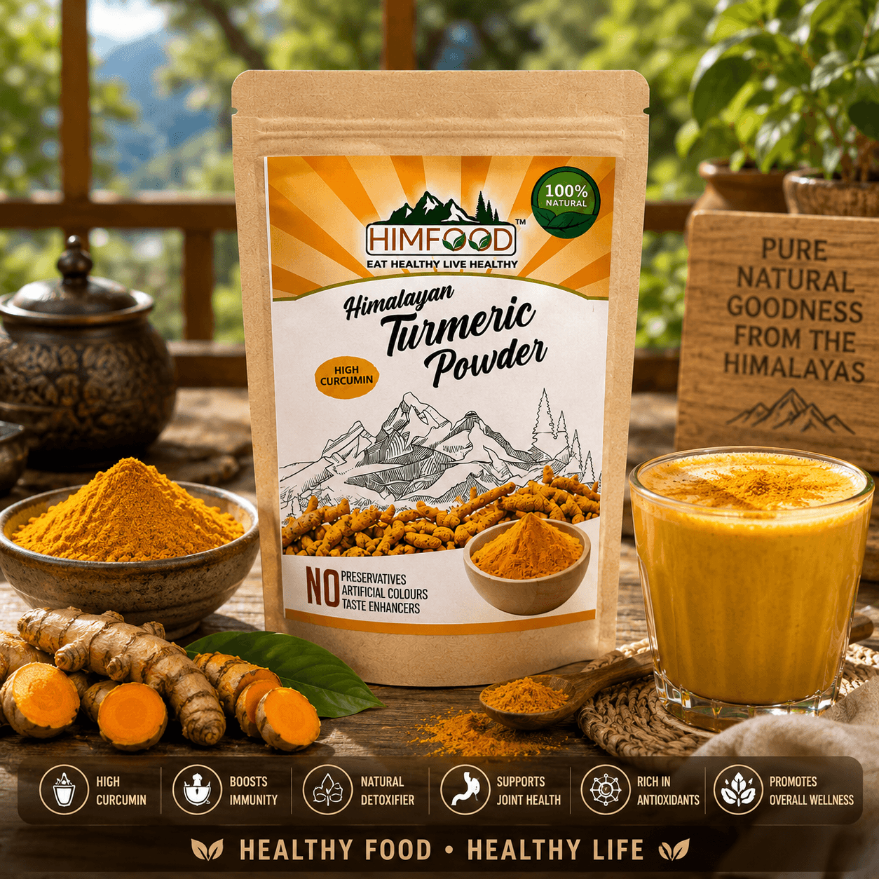 HIMFOOD Himalayan High Curcumin Turmeric Powder with Fresh Turmeric Roots, Golden Turmeric Latte and Natural Himalayan Kitchen Setting | Pure Haldi Powder for Daily Wellness, Immunity & Healthy Living