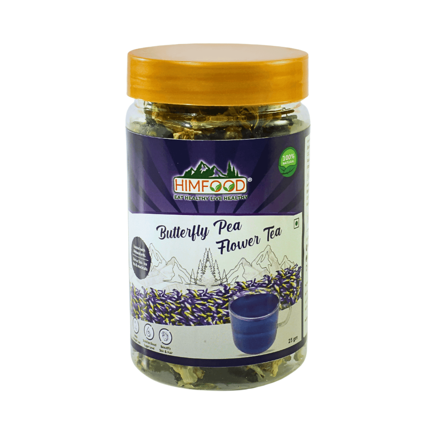 Himalayan butterfly pea flower tea 25g in a jar, showcasing its natural ingredients and vibrant packaging.