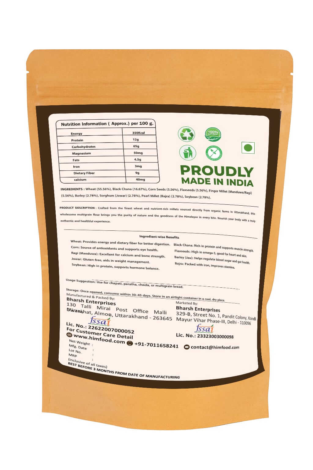 Back packaging of Himfood's Himalayan Multigrain Atta 1kg showcasing nutritional information and ingredients.