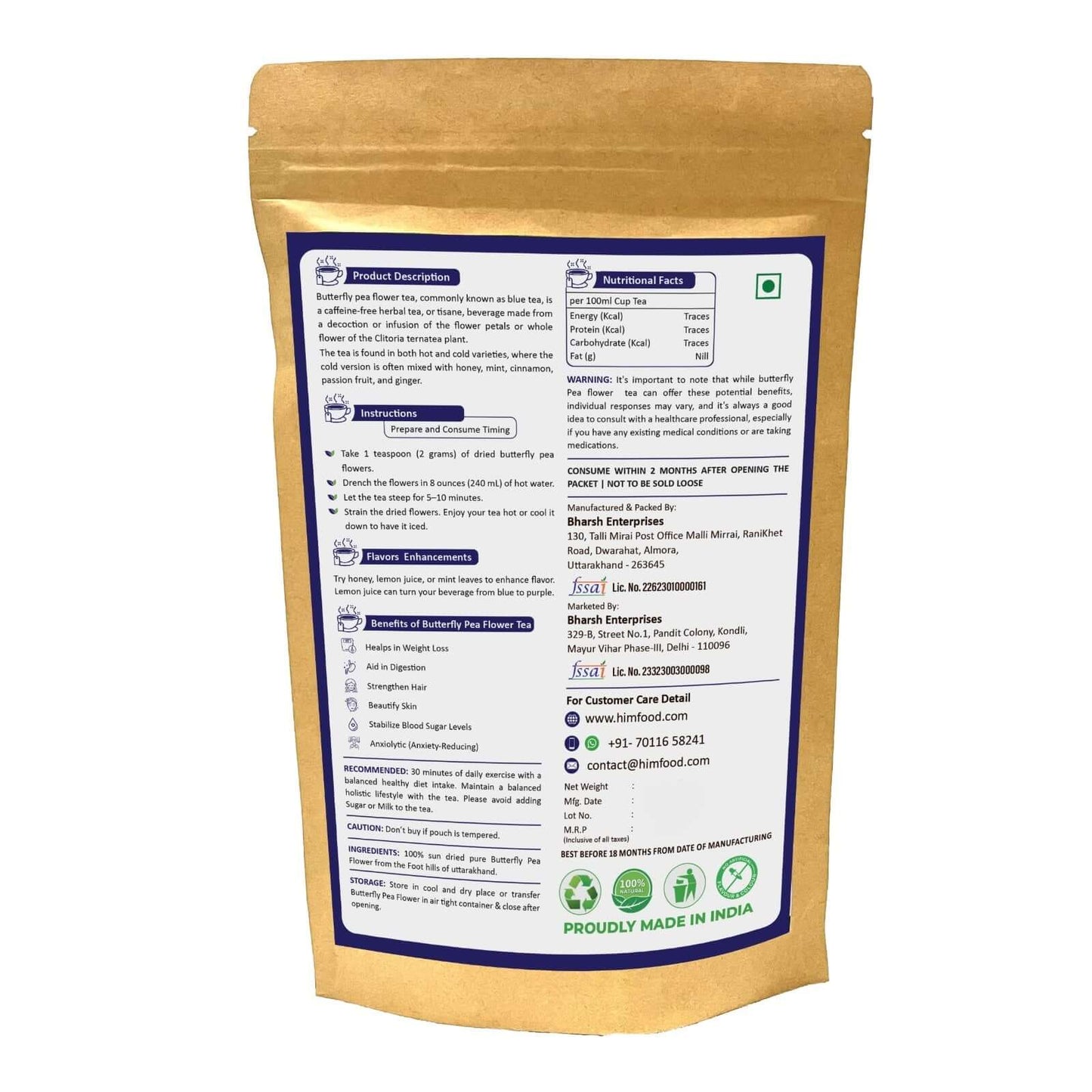 Butterfly Pea Flower Tea 50g product packaging showing nutritional info and product description.