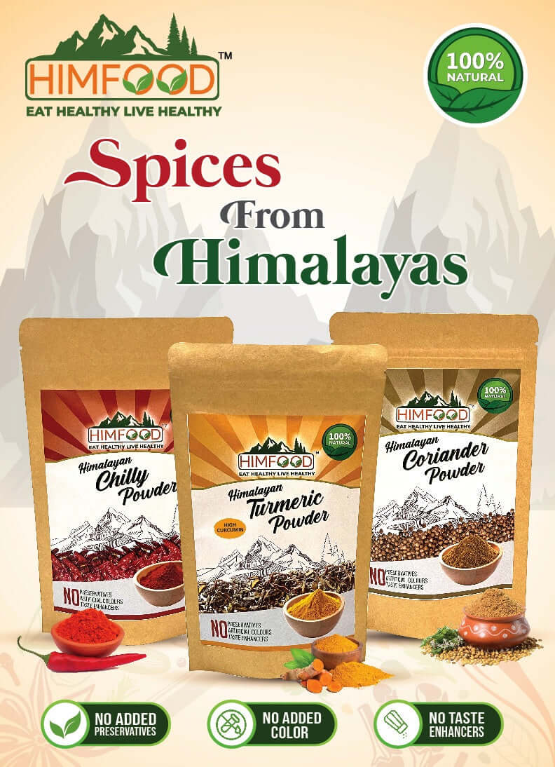 Himalayan spice combo featuring Turmeric, Red Chilli, and Coriander powders in natural packaging.