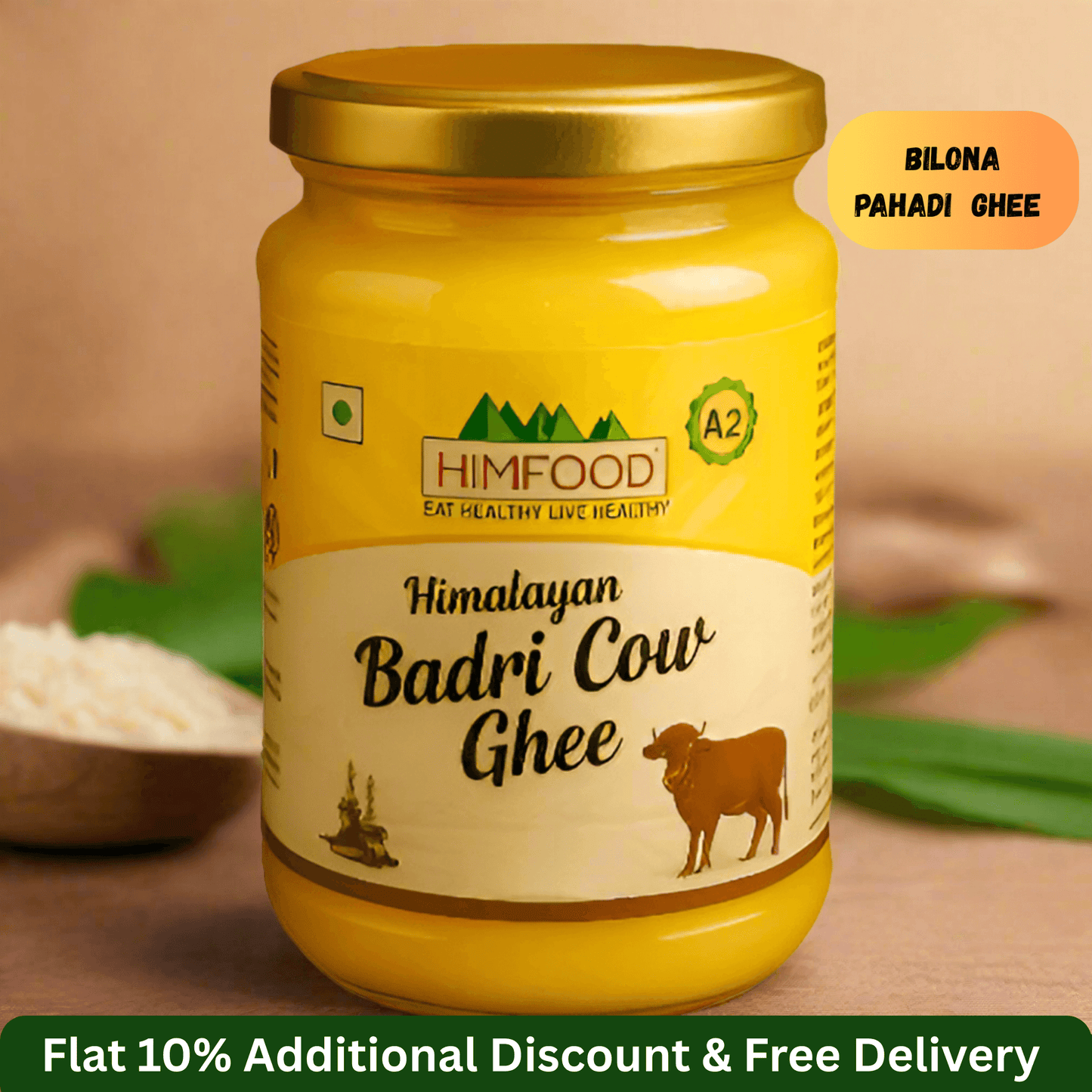 Himalayan Badri Cow Ghee jar from Himfood showcasing traditional bilona method with discount information.