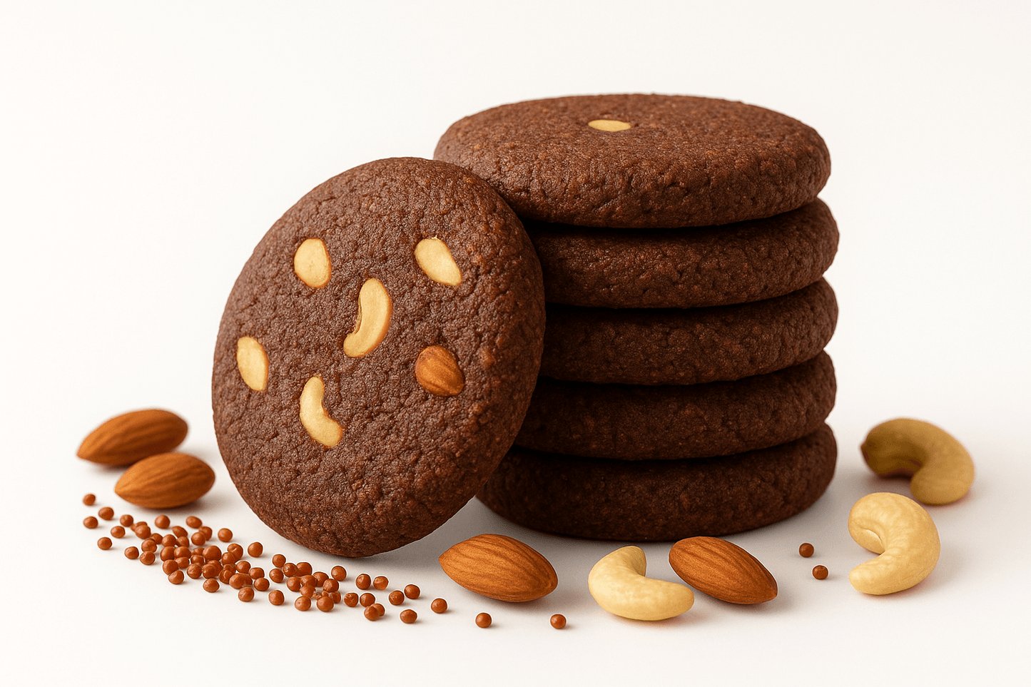 Himalayan ragi cookies with almonds and cashews stacked on a white background with nuts.