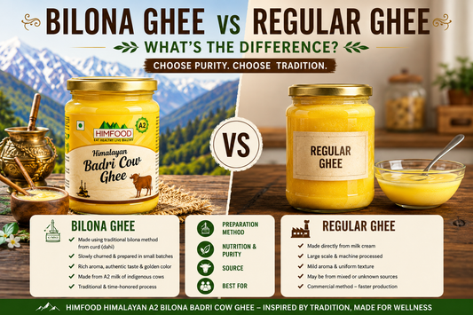 Bilona Ghee vs Regular Ghee comparison featuring Himfood Himalayan A2 Bilona Badri Cow Ghee and traditional bilona preparation method