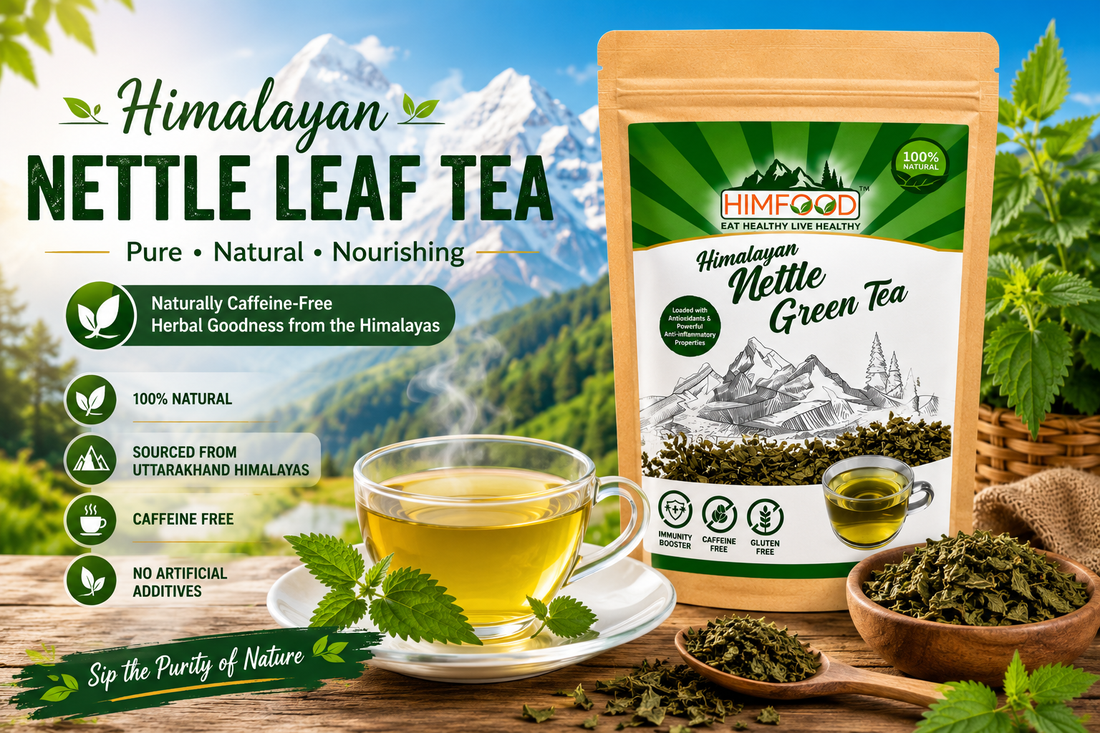 Himalayan Nettle Leaf Green Tea by Himfood with premium herbal tea leaves and fresh brewed tea, sourced from the Himalayas of Uttarakhand.