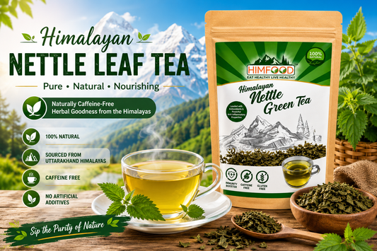 Himalayan Nettle Leaf Green Tea by Himfood with premium herbal tea leaves and fresh brewed tea, sourced from the Himalayas of Uttarakhand.
