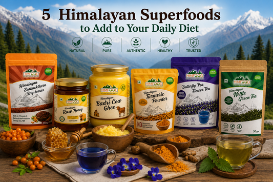 Himalayan superfoods by HIMFOOD including Badri Cow Ghee, Raw Honey, Nettle Leaf Green Tea, Butterfly Pea Flower Tea, High Curcumin Turmeric Powder and Seabuckthorn Dry Berries sourced from the Uttarakhand Himalayas.