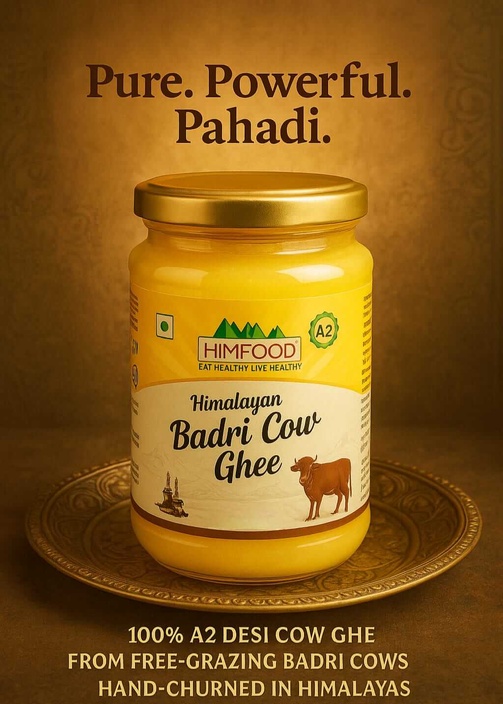Himalayan Badri Cow A2 Ghee jar showcasing purity and quality of Himfood's superfood.