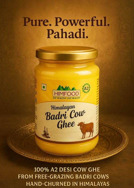 Himalayan Badri Cow A2 Ghee jar showcasing purity and quality of Himfood's superfood.