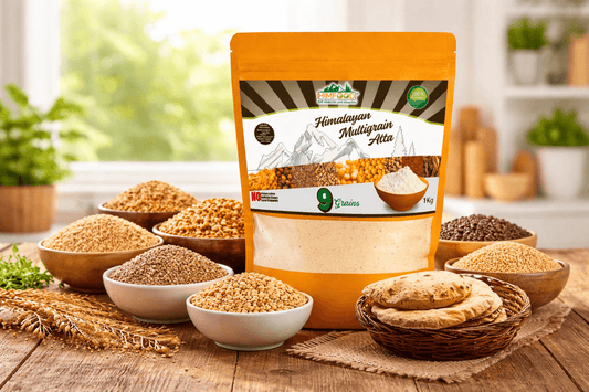 Himalayan multigrain atta with 9 grains healthy flour roti and grains on wooden table