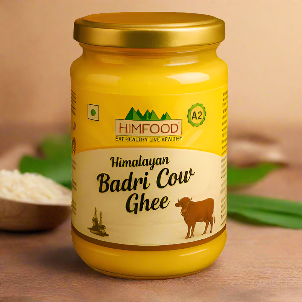 Glass jar of Himalayan Badri Cow Ghee (500ml), pure and handcrafted from native cows using bilona method

