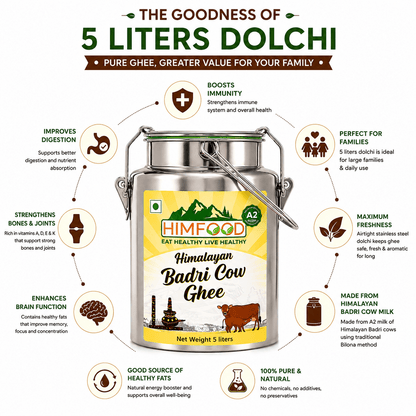 HIMFOOD Himalayan Badri Cow Ghee 5 Liter Stainless Steel Dolchi – A2 Bilona Ghee Benefits, Pure Himalayan Badri Cow Milk, Family Value Pack