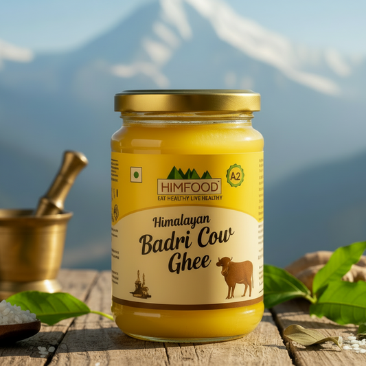Jar of Himalayan Badri Cow Ghee with a mountainous background