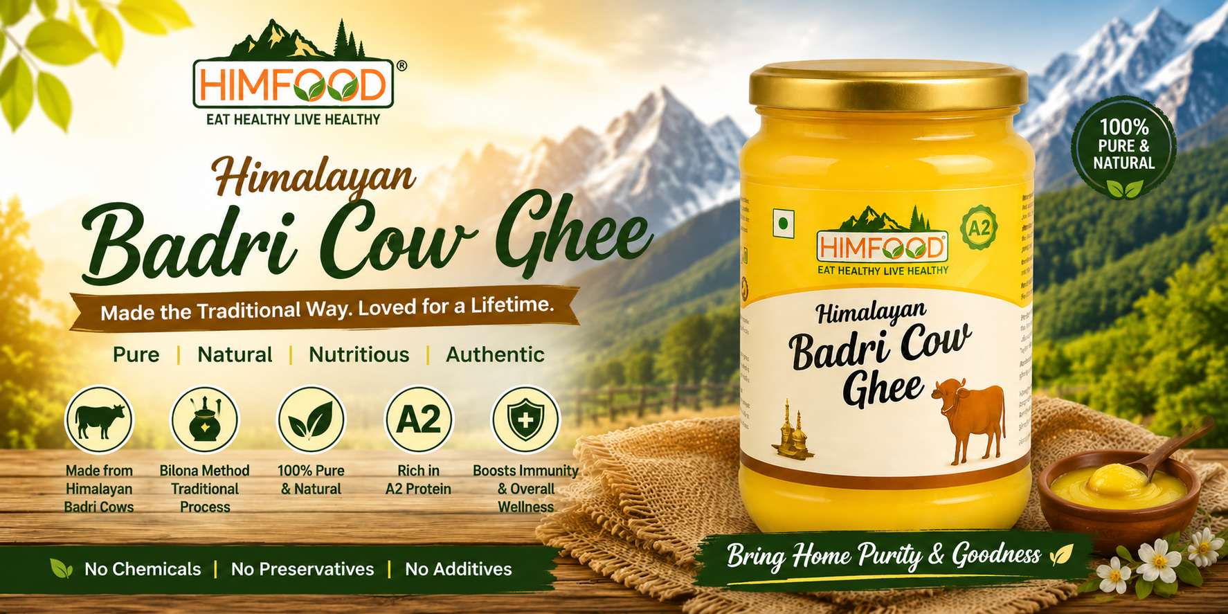 Himfood Himalayan Badri Cow Ghee made from indigenous Badri cow A2 milk using the traditional Bilona method, 100% pure and natural desi ghee from Uttarakhand Himalayas in a premium glass jar.