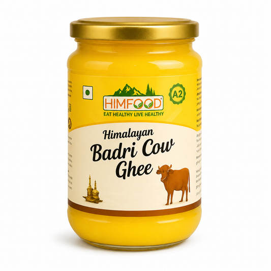 HIMFOOD Himalayan Badri Cow Ghee A2 Bilona Ghee in glass jar – pure desi ghee made from Himalayan Badri cow milk, chemical-free and traditionally prepared