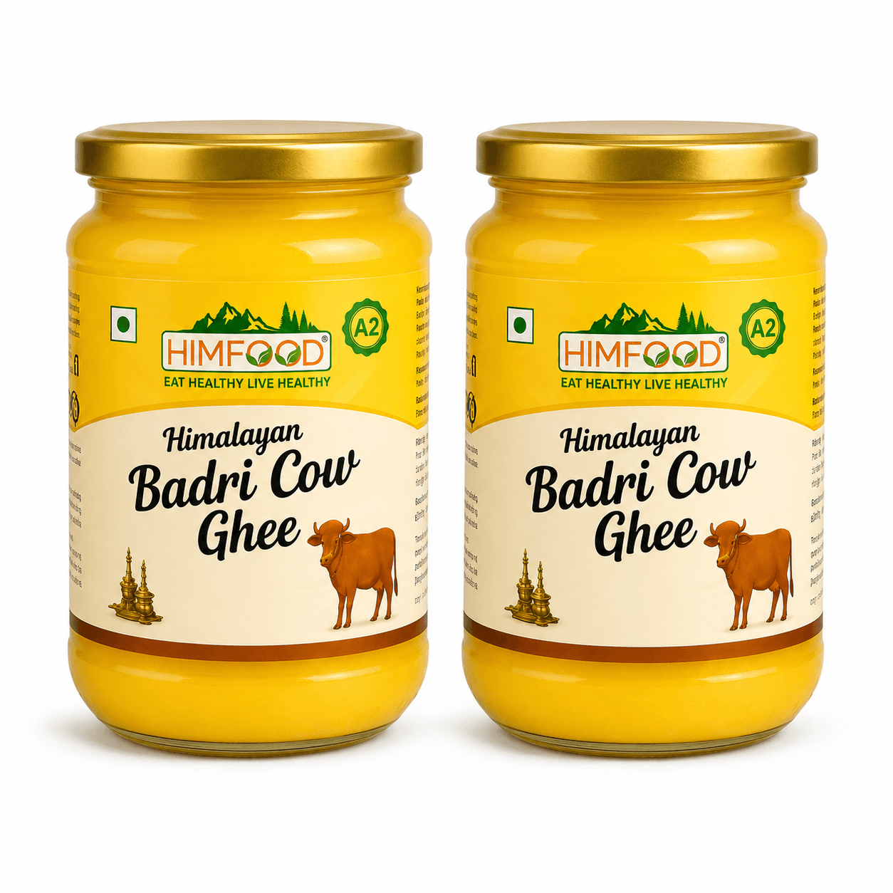 HIMFOOD Himalayan Badri Cow Ghee Pack of 2 – Pure A2 Bilona Desi Ghee made from Himalayan Badri cow milk, traditionally prepared, chemical-free glass jars