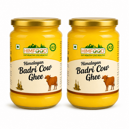 HIMFOOD Himalayan Badri Cow Ghee Pack of 2 – Pure A2 Bilona Desi Ghee made from Himalayan Badri cow milk, traditionally prepared, chemical-free glass jars