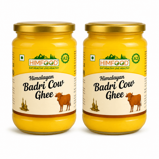 HIMFOOD Himalayan Badri Cow Ghee Pack of 2 – Pure A2 Bilona Desi Ghee made from Himalayan Badri cow milk, traditionally prepared, chemical-free glass jars