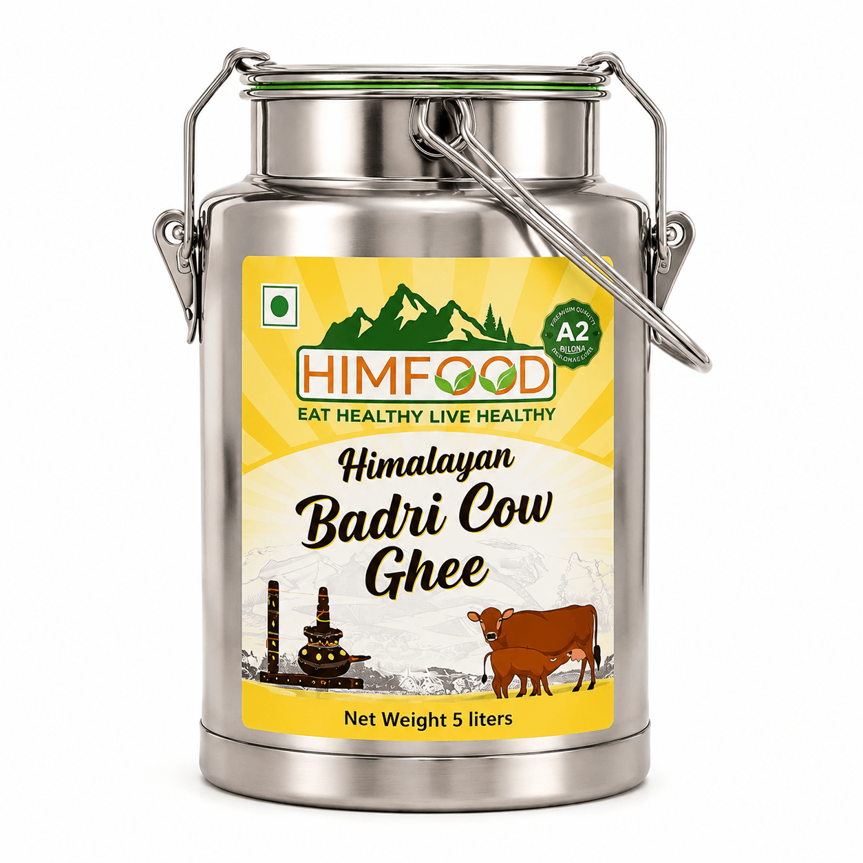 HIMFOOD Himalayan Badri Cow Ghee 5 Liter Dolchi – Premium Stainless Steel Container, A2 Bilona Desi Ghee, Pure Himalayan Badri Cow Milk, White Background