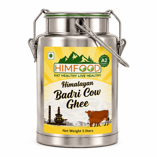 HIMFOOD Himalayan Badri Cow Ghee 5 Liter Dolchi – Premium Stainless Steel Container, A2 Bilona Desi Ghee, Pure Himalayan Badri Cow Milk, White Background