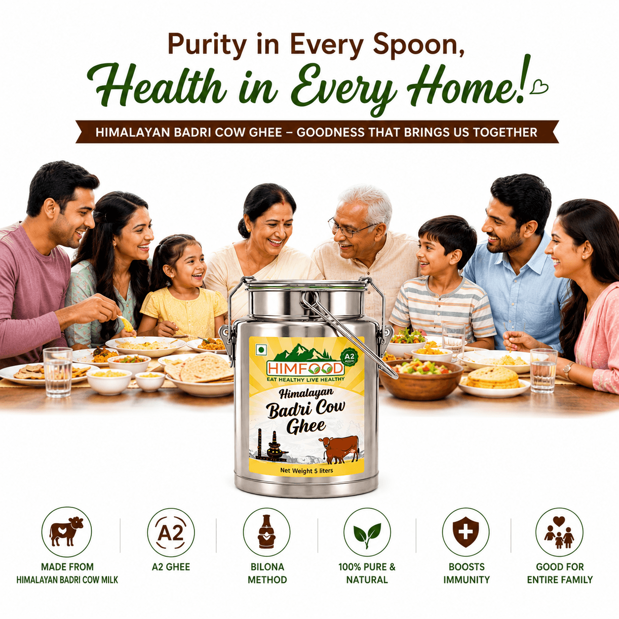 HIMFOOD Himalayan Badri Cow Ghee 5 Liter Family Pack – Pure A2 Bilona Ghee for Healthy Family Meals, Traditional Himalayan Badri Cow Milk, Premium Stainless Steel Dolchi