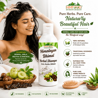 Woman enjoying hair wash with HIMFOOD Himalayan Bhimal Herbal Shampoo made with Bhimal, Amla, Reetha and Shikakai for a natural daily hair care routine