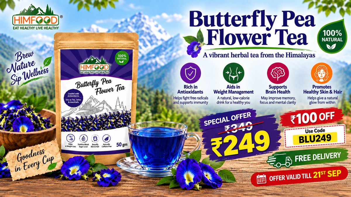 Promotional graphic for HimFood Butterfly Pea Flower Tea, showing the product pouch, a glass of blue tea, and flowers on a wooden surface with a mountain backdrop and multiple offer details.
