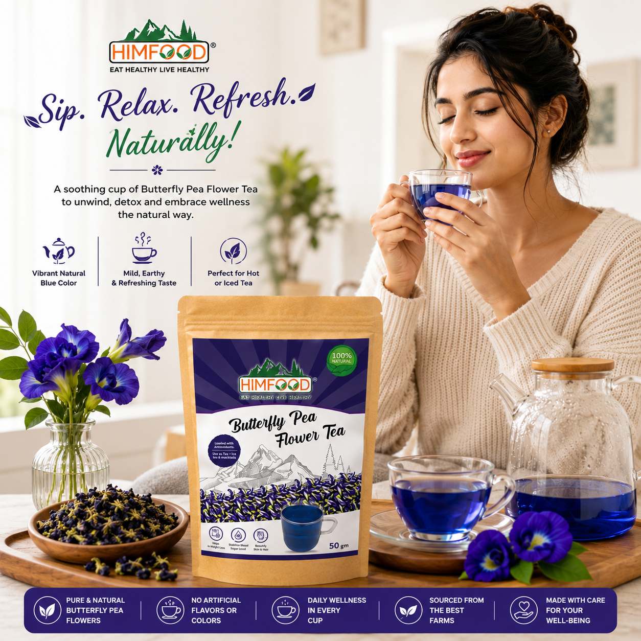 Woman Enjoying HIMFOOD Butterfly Pea Flower Tea 50g | Premium Himalayan Blue Tea for Relaxation, Natural Wellness & Everyday Herbal Tea Experience