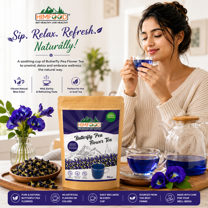 Woman Enjoying HIMFOOD Butterfly Pea Flower Tea 50g | Premium Himalayan Blue Tea for Relaxation, Natural Wellness & Everyday Herbal Tea Experience
