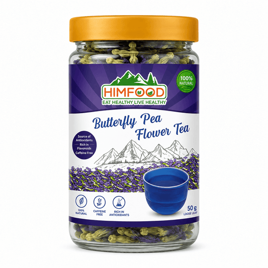 Himfood Himalayan Butterfly Pea Flower Tea 50g made from premium dried butterfly pea flowers, caffeine-free herbal blue tea rich in natural antioxidants on a white background.