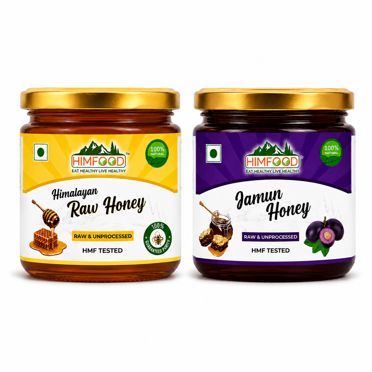 HIMFOOD Combo of Himalayan Raw Honey & Jamun Raw Honey – Raw, Unprocessed, HMF Tested, 100% Natural Honey from Uttarakhand, Premium Honey Gift Pack on White Background