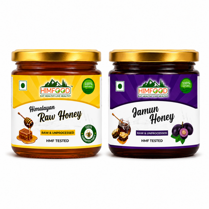 HIMFOOD Combo of Himalayan Raw Honey & Jamun Raw Honey – Raw, Unprocessed, HMF Tested, 100% Natural Honey from Uttarakhand, Premium Honey Gift Pack on White Background