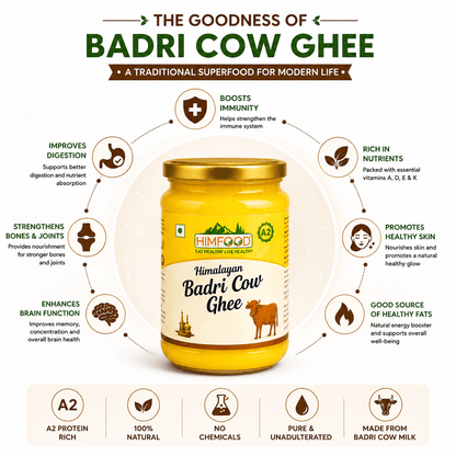Himalayan Badri Cow Ghee A2 Bilona Ghee benefits infographic – rich in A2 protein, natural, chemical-free and made from Himalayan Badri cow milk | HIMFOOD