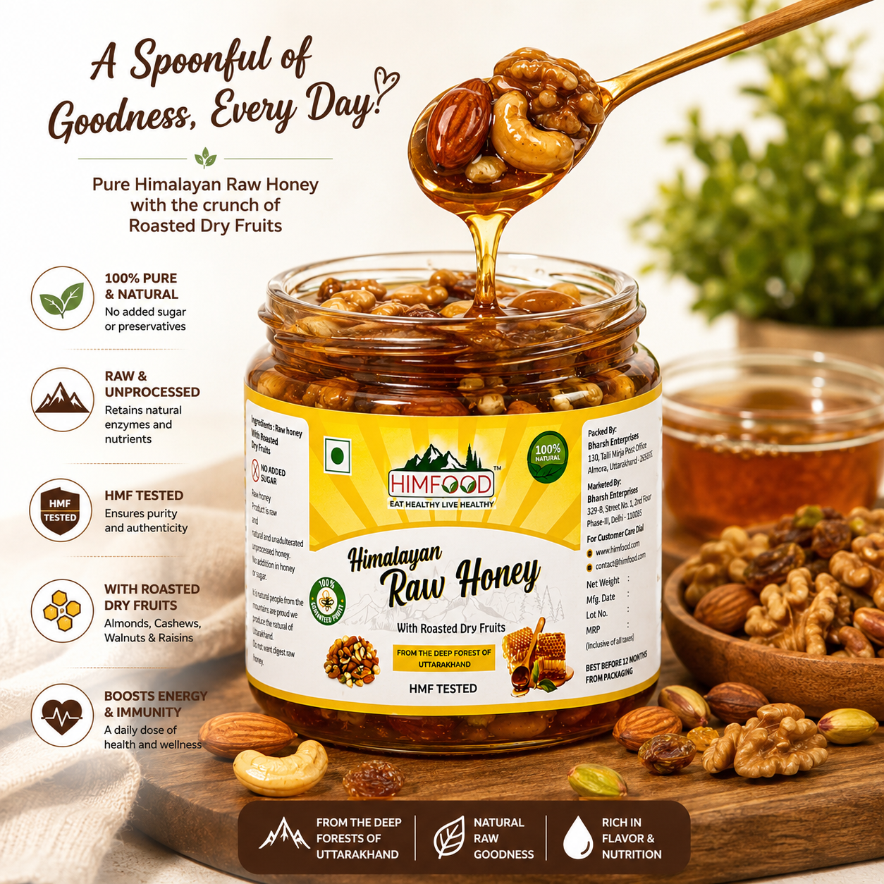 Himalayan Raw Honey with Roasted Dry Fruits – Premium Multiflora Honey with Almonds, Cashews, Walnuts & Raisins | HMF Tested | Himfood