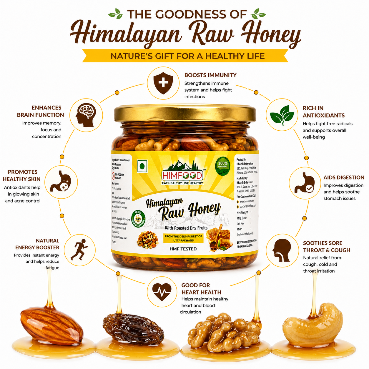 Himalayan Raw Honey with Roasted Dry Fruits Health Benefits – Multiflora Raw Honey Rich in Antioxidants, Natural Energy, Immunity Support & Heart Health | Himfood