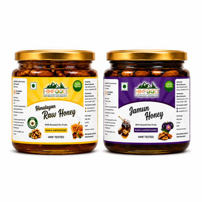 HIMFOOD Himalayan Raw Honey with Roasted Dry Fruits and Jamun Honey with Roasted Dry Fruits Combo – Raw & Unprocessed, HMF Tested, 100% Natural Premium Honey Gift Pack on White Background