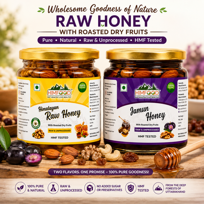 HIMFOOD Raw Honey with Roasted Dry Fruits Combo featuring Himalayan Raw Honey and Jamun Honey with Almonds, Cashews, Walnuts, Raisins and Fresh Jamun – Raw, Unprocessed, HMF Tested Honey from Uttarakhand