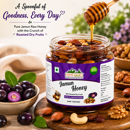 HIMFOOD Jamun Raw Honey with Roasted Dry Fruits Lifestyle Image – Premium Himalayan Raw Honey with Almonds, Cashews, Walnut Kernels and Raisins, Natural Healthy Breakfast Superfood from Uttarakhand