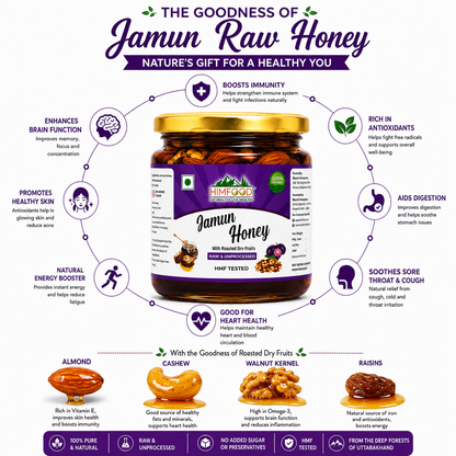 Health Benefits of HIMFOOD Jamun Raw Honey with Roasted Dry Fruits – Rich in Antioxidants, Supports Immunity, Digestion and Heart Health with Almonds, Cashews, Walnut Kernels and Raisins