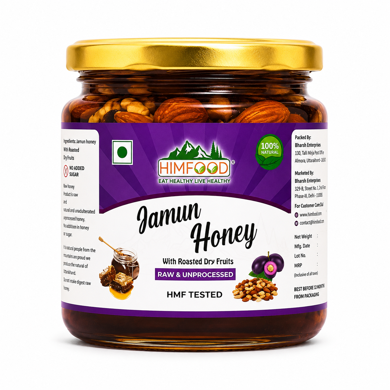 HIMFOOD Jamun Raw Honey with Roasted Dry Fruits – Raw & Unprocessed Honey with Almonds, Cashews, Walnuts and Raisins, HMF Tested, No Added Sugar, White Background