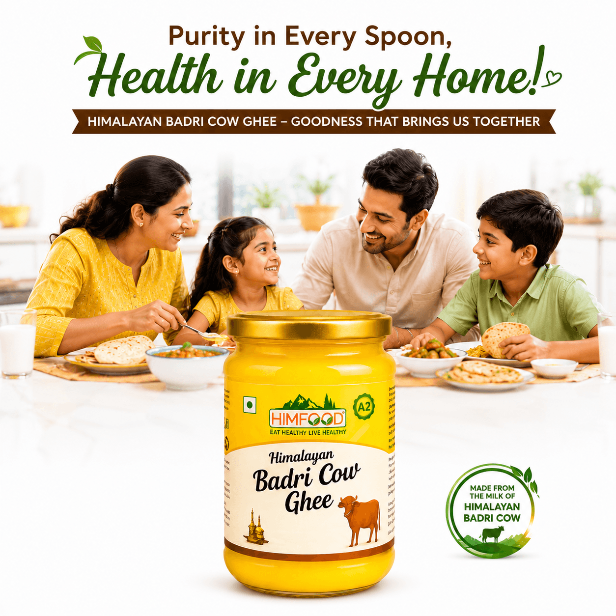 Happy family enjoying healthy meal with HIMFOOD Himalayan Badri Cow Ghee – pure A2 Bilona ghee made from Himalayan Badri cow milk for everyday nutrition