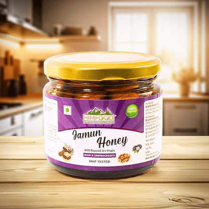 Jamun Honey with dryfruits in a jar, featuring roasted dry fruits, raw and unprocessed, displayed in a kitchen setting.