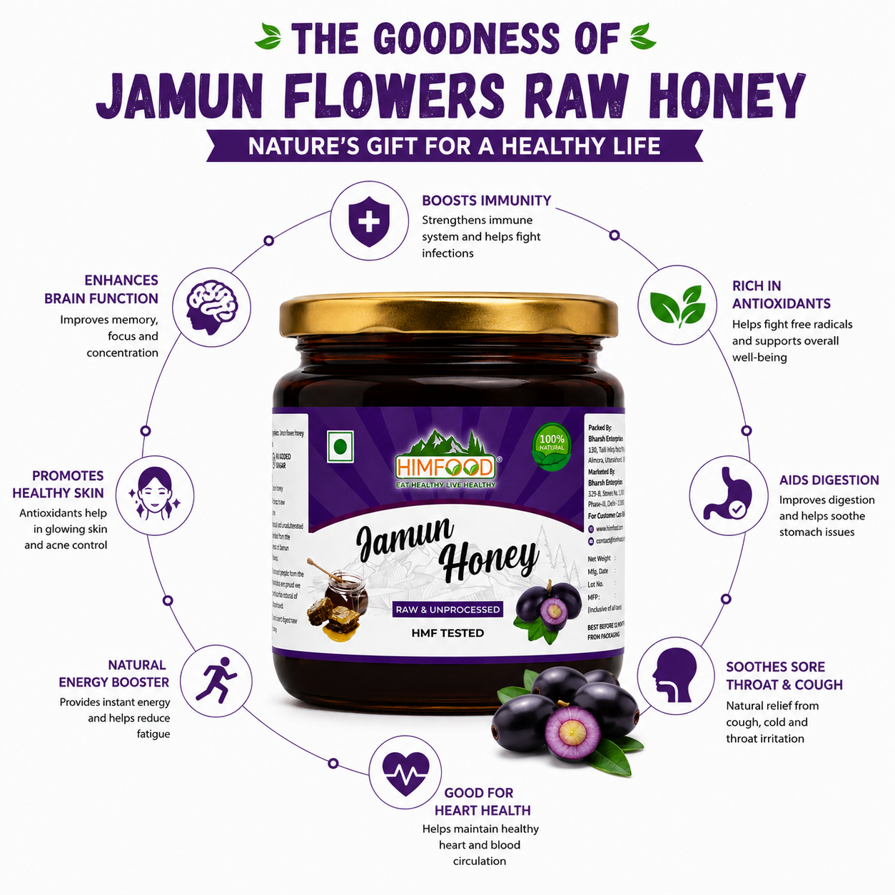 Benefits of HIMFOOD Jamun Flowers Raw Honey – Boosts Immunity, Rich in Antioxidants, Supports Digestion, Heart Health, Brain Function, Natural Energy & 100% Raw Himalayan Honey