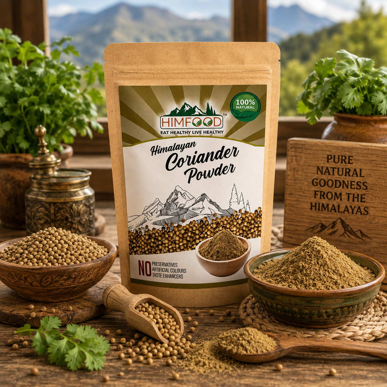 HIMFOOD Himalayan Coriander Powder with Whole Coriander Seeds and Fresh Ground Dhania Powder in a Rustic Himalayan Kitchen | Premium Natural Indian Spice for Cooking and Seasoning