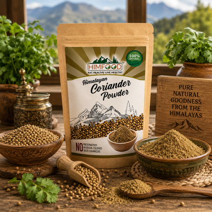 HIMFOOD Himalayan Coriander Powder with Whole Coriander Seeds and Fresh Ground Dhania Powder in a Rustic Himalayan Kitchen | Premium Natural Indian Spice for Cooking and Seasoning